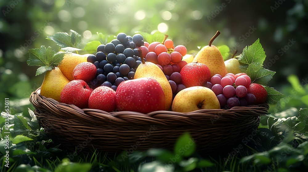 A vibrant basket filled with assorted fresh fruits, showcasing nature's bounty. A vibrant basket filled with assorted fresh fruits, showcasing nature's bounty.