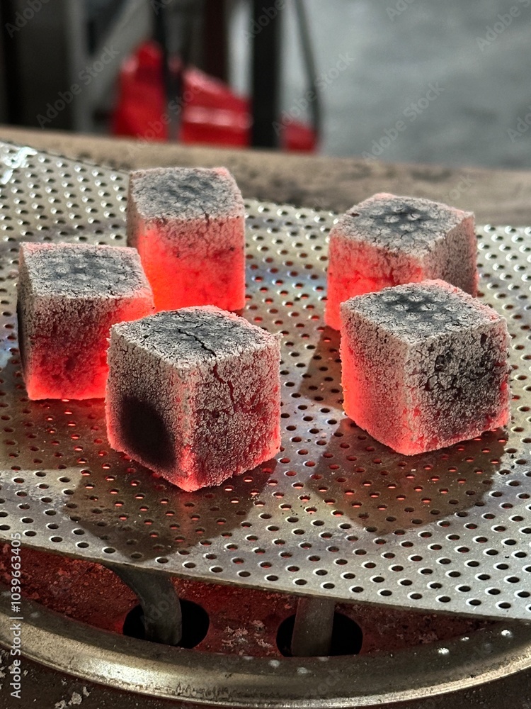 Fire burning from coconut charcoal briquette for business production Fire burning from coconut charcoal briquette for business production