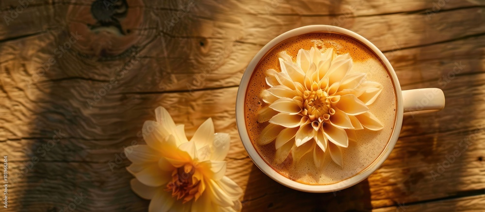 Top down view of a cappuccino cup with latte art in a flower shape on a wooden table creating a visually appealing flat lay with copy space image Top down view of a cappuccino cup with latte art in a flower shape on a wooden table creating a visually appealing flat lay with copy space image