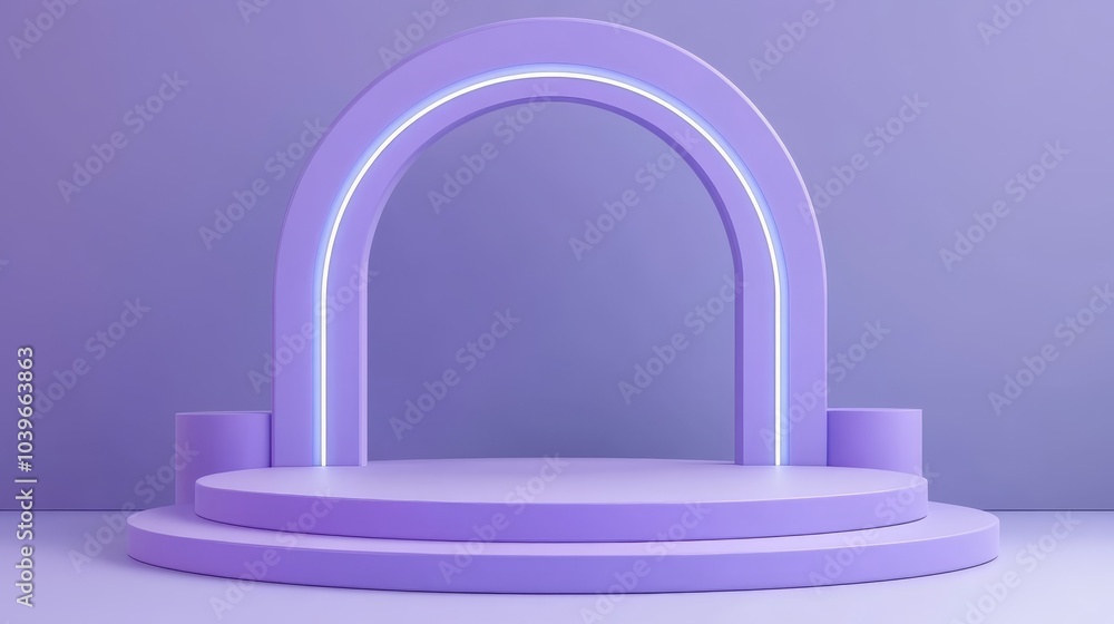 A purple neon arch sits on a white platform, framed by a purple wall At its endpoint, a light purple circular glow appears A purple neon arch sits on a white platform, framed by a purple wall At its endpoint, a light purple circular glow appears