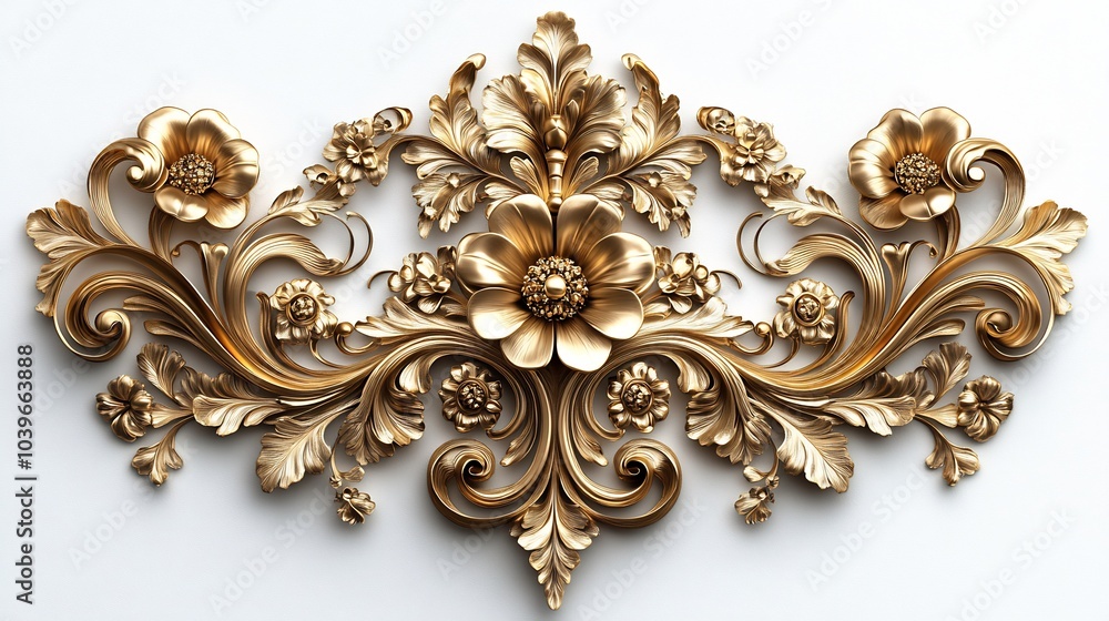 Rich golden filigree swirling floral and leaf patterns intricately designed in a Baroque style set against a clean white background for a vintage opulent 3D decorative effect Rich golden filigree swirling floral and leaf patterns intricately designed in a Baroque style set against a clean white background for a vintage opulent 3D decorative effect