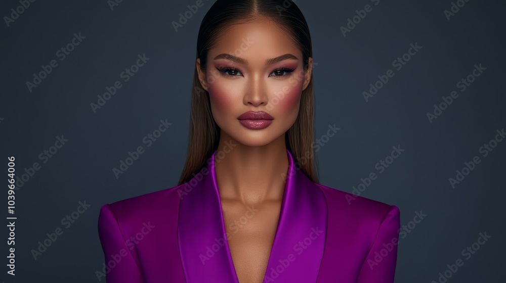 A woman in a long purple skirt and jacket, poses before a dark backdrop with a black backdrop A woman in a long purple skirt and jacket, poses before a dark backdrop with a black backdrop