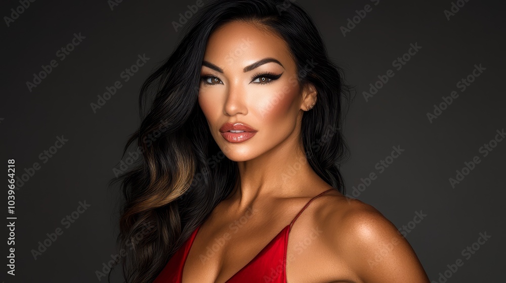  A beautiful woman in a red dress poses for a photo with closed eyes and wind-swept hair