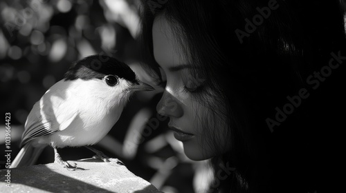 a bird sitting on a woman's shoulder