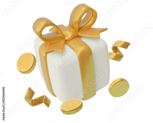 3d Gift box with gold coins. Luxury money prize or cash win concept icon. Three dimensional style vector illustration