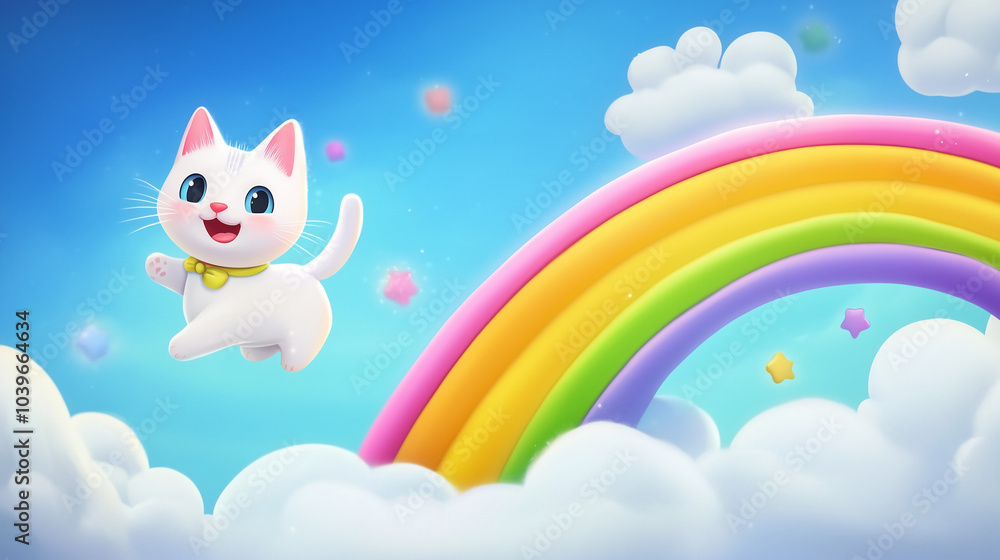 White Cat Jumping On Rainbow In Dreamy Cloudscape Stylized 3D Art White Cat Jumping On Rainbow In Dreamy Cloudscape Stylized 3D Art
