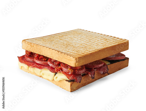 Sausage bacon meat mix toast isolated and white background.