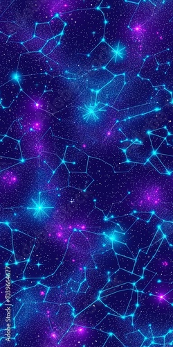 Cosmic neon constellation seamless pattern, luminous star patterns and zodiac symbols