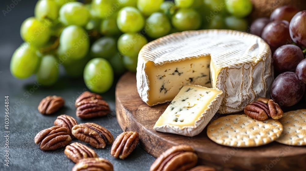 Delicious cheese served with grapes, pecans, and crackers on a wooden board. Delicious cheese served with grapes, pecans, and crackers on a wooden board.