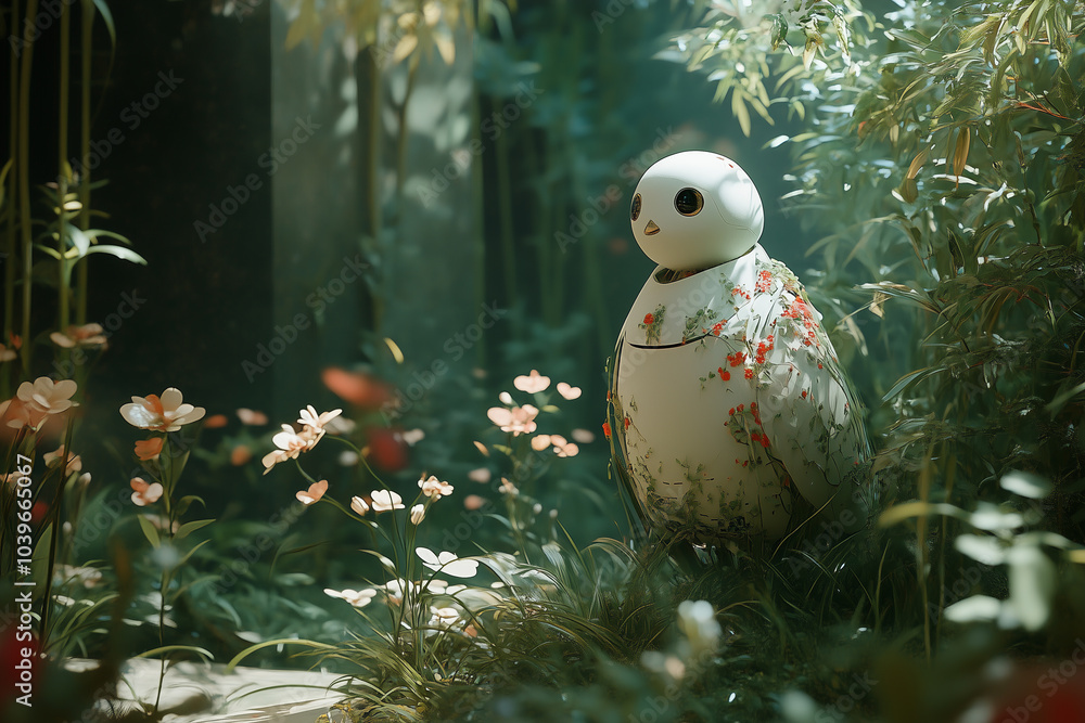 AI-powered environmental monitoring systems tracking climate changes in natural habitats. A white bird sits peacefully in a lush green forest AI-powered environmental monitoring systems tracking climate changes in natural habitats. A white bird sits peacefully in a lush green forest