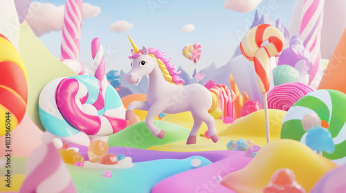 Majestic Pink Unicorn Prancing Through Colorful Candyland Lollipop Fields photo