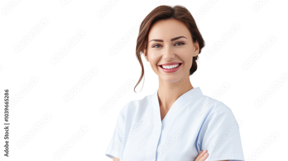 Smiling female dentist looking at camera. Isolated from the white background.