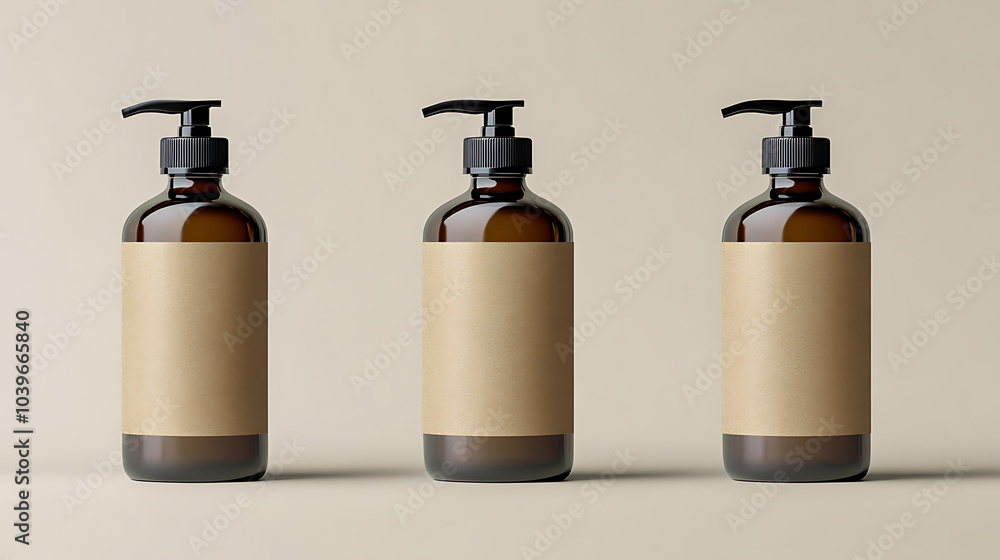 Three amber glass bottles with black pump tops and kraft paper labels stand in a row against a light beige background. Three amber glass bottles with black pump tops and kraft paper labels stand in a row against a light beige background.