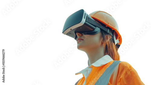 Worker wearing virtual reality glasses isolated from the white background.