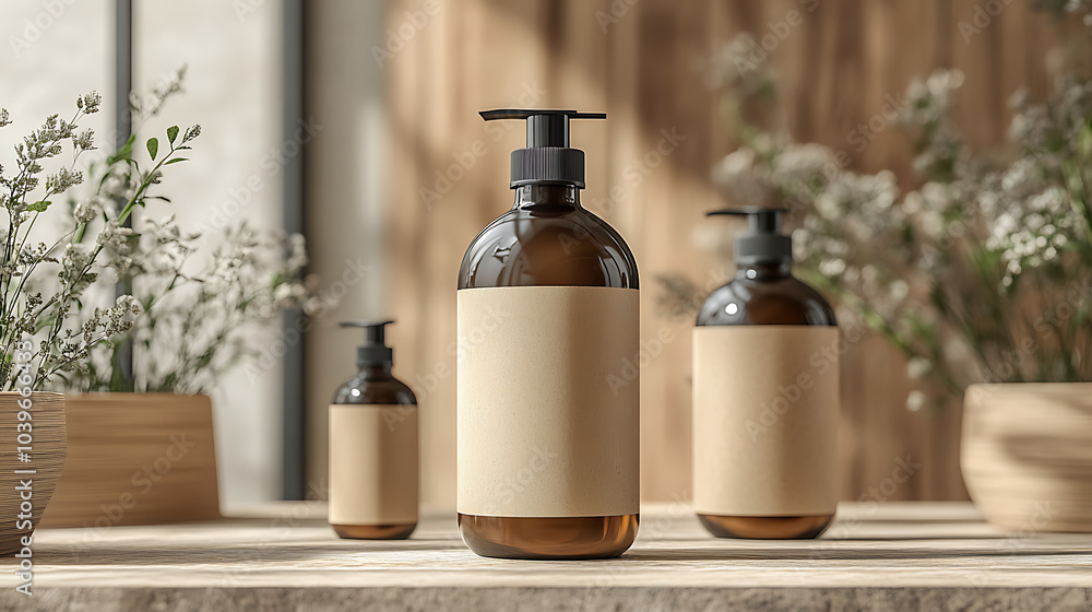 Three amber bottles with pumps and blank labels sit on a wooden surface with sprigs of flowers in front of a window. The bottles are arranged in a staggered formation. The bottles are a simple backdro Three amber bottles with pumps and blank labels sit on a wooden surface with sprigs of flowers in front of a window. The bottles are arranged in a staggered formation. The bottles are a simple backdro