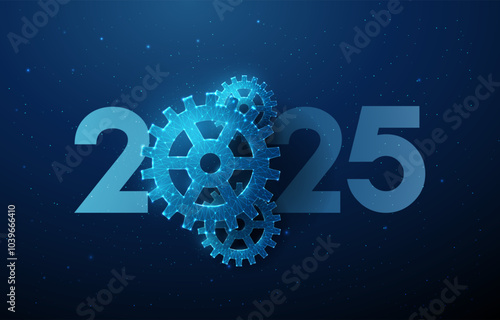 Abstract Happy 2025 New Year greeting card with cogwheels.