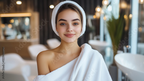 A radiant young woman, wrapped in a white towel, enjoys a relaxing hair treatment at a high-end salon, the stylish interior and soothing atmosphere reflecting beauty and personal c