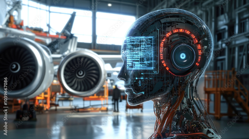 Futuristic ai integration: robotic mind and aviation technology in modern hangar setting Futuristic ai integration: robotic mind and aviation technology in modern hangar setting