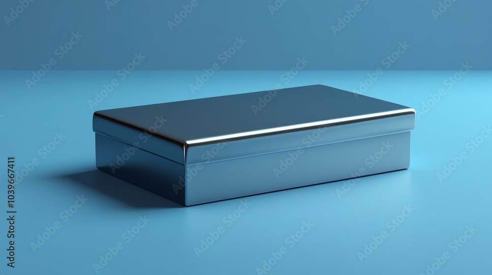 A silver box sits on a blue surface A silver box sits on a blue surface