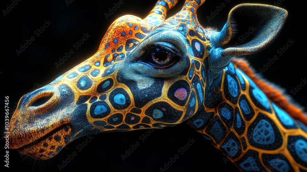 Naklejka premium A giraffe with a colorful face painted on it