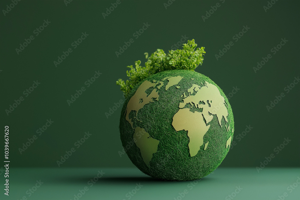 Green Earth Globe with Grass and Plants on Green Background Green Earth Globe with Grass and Plants on Green Background