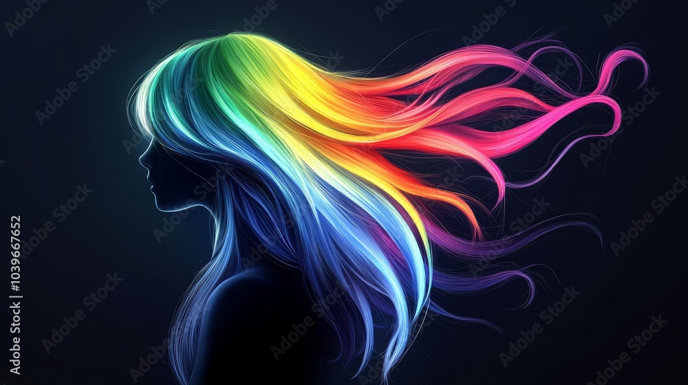 A woman's head with multicolored, rainbow-hued hair against a black backdrop A woman's head with multicolored, rainbow-hued hair against a black backdrop