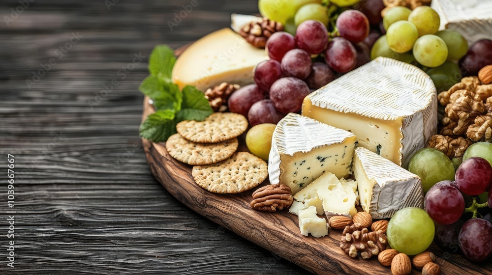 Cheese platter with assorted grapes, nuts, and crackers on wooden table. Cheese platter with assorted grapes, nuts, and crackers on wooden table.