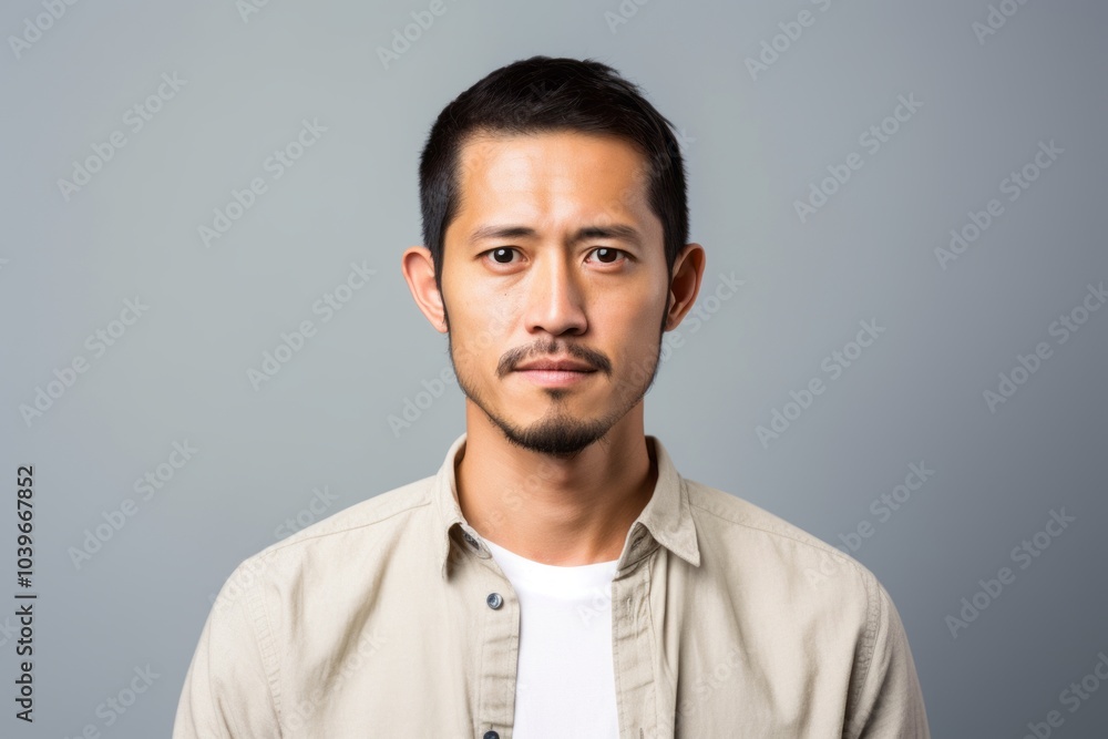 Portrait of a handsome asian man looking at camera on grey background Portrait of a handsome asian man looking at camera on grey background