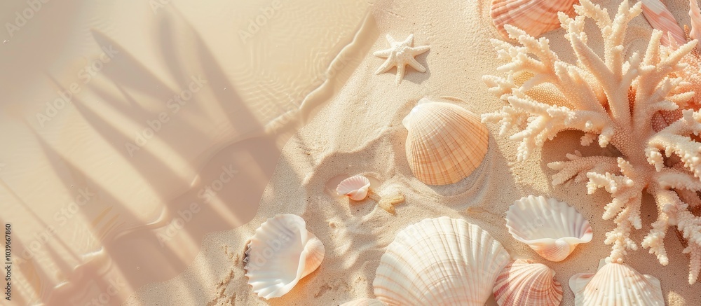 A chic minimal composition created from shells and corals found on the beach embodying a summer relaxation theme with beachy vibes A top down nature banner with soft hues and ample copy space image
