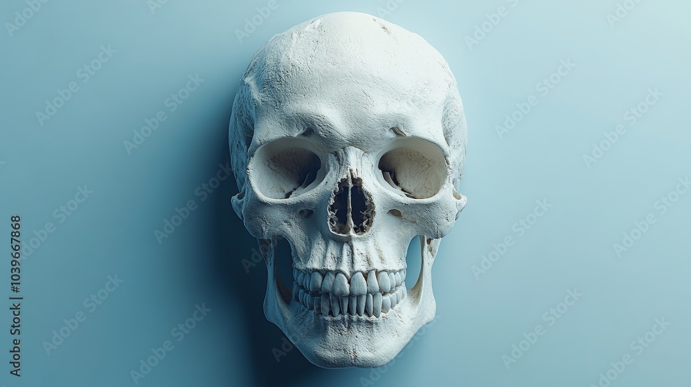 Fototapeta premium A white skull is shown on a blue background