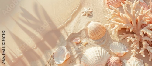 A chic minimal composition created from shells and corals found on the beach embodying a summer relaxation theme with beachy vibes A top down nature banner with soft hues and ample copy space image