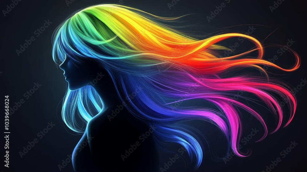 A woman with a multicolored rainbow-shaped hair against a black backdrop A woman with a multicolored rainbow-shaped hair against a black backdrop