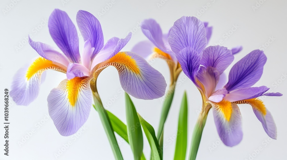 Obraz premium Three purple flowers with green stems in a clear vase on a white table against a white wall