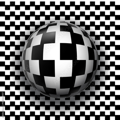 Vibrating sphere and surface of black and white pattern with strips of shifted squares. Optical illusion illustration.