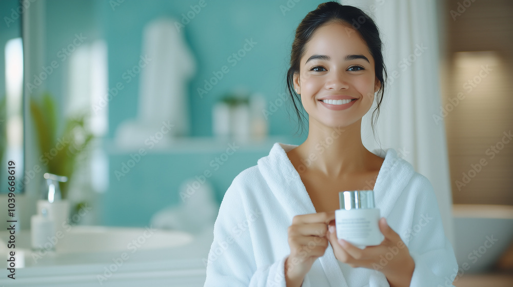 A skincare advertisement scene of a smiling woman with glowing skin, applying moisturizer in a luxurious bathroom, capturing the essence of beauty and wellness. A skincare advertisement scene of a smiling woman with glowing skin, applying moisturizer in a luxurious bathroom, capturing the essence of beauty and wellness.