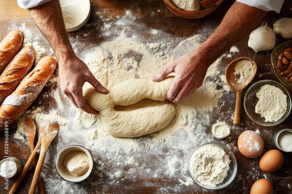 Fototapeta premium Artisan baking: hands kneading dough with ingredients for fresh homemade bread on rustic table