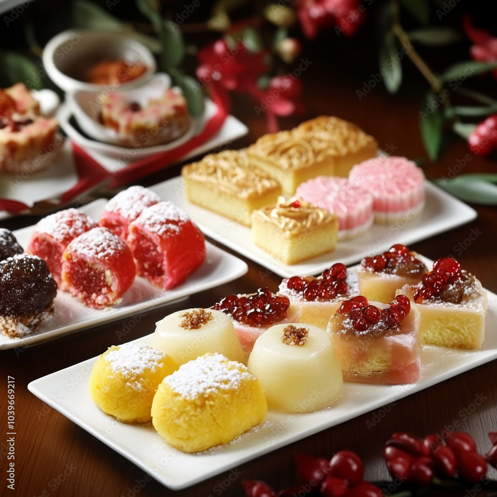 Assorted traditional sweets arranged on serving platters Assorted traditional sweets arranged on serving platters
