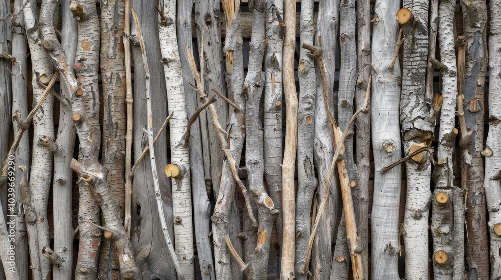 A wood fence made from sticks The branches and sticks of various shapes and sizes are stacked