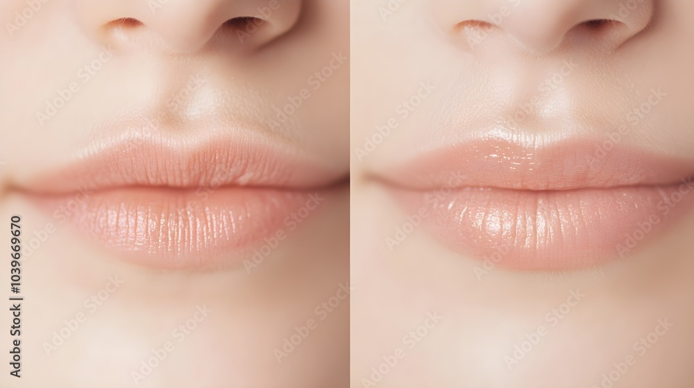 Obraz premium High-definition close-up comparison of a woman's lips and skin around the mouth, highlighting wrinkle reduction results, Detailed, Realistic Textures