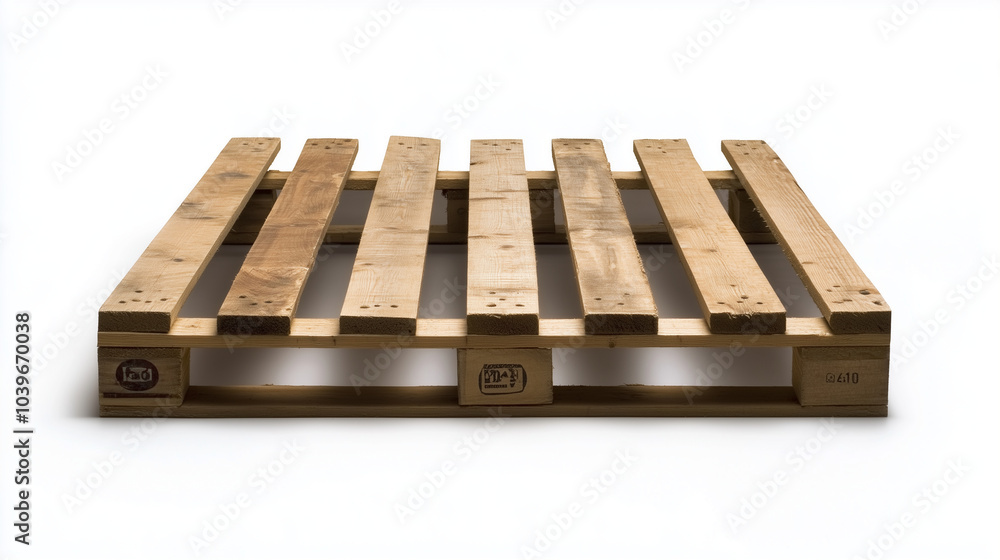 A pallet in perfect condition, its evenly spaced slats displayed against a bright white background, emphasizing simplicity and design. A pallet in perfect condition, its evenly spaced slats displayed against a bright white background, emphasizing simplicity and design.