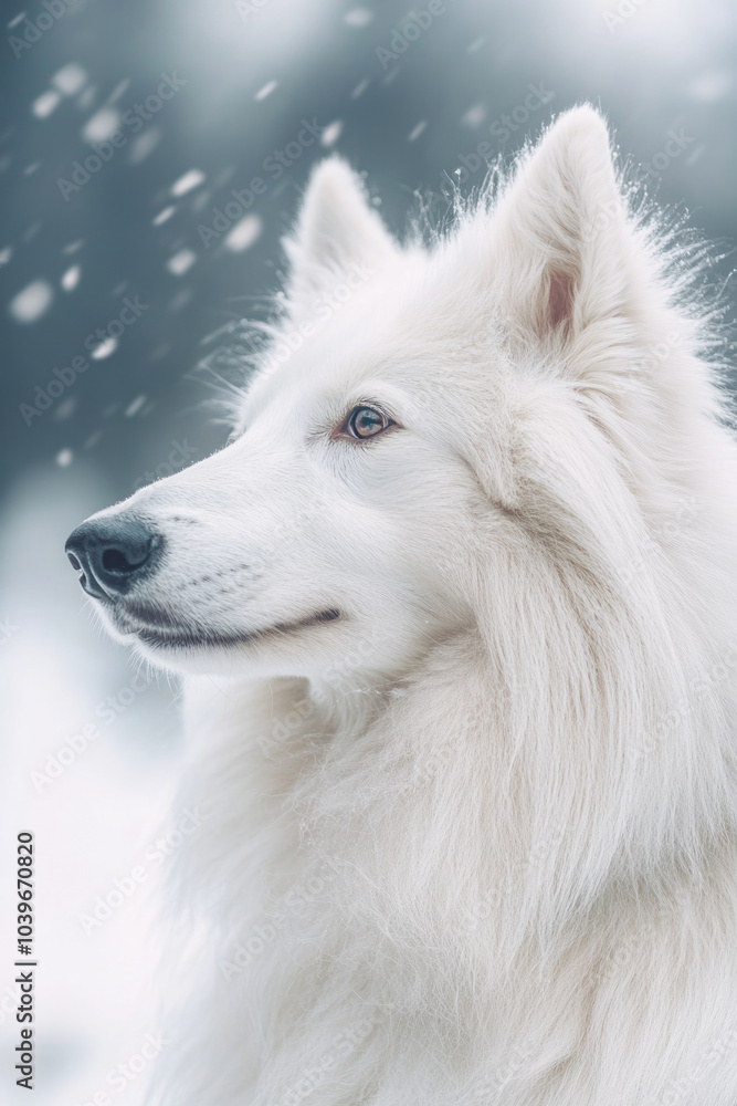 Obraz premium Majestic white dog in snowy winter landscape with soft falling snowflakes