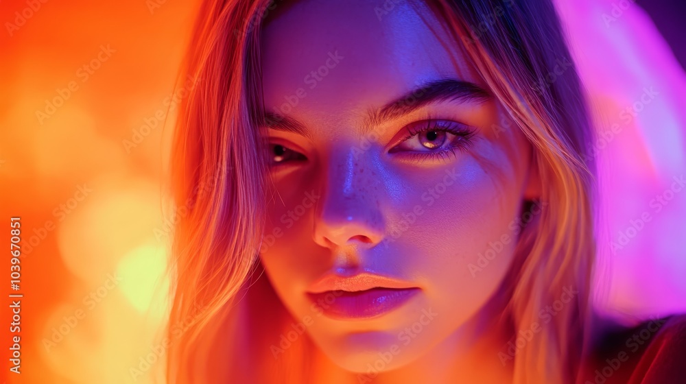 A woman's face, closely framed, contrasts with background lights that blur into brilliance A woman's face, closely framed, contrasts with background lights that blur into brilliance