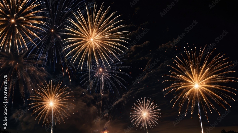 Naklejka premium Vibrant fireworks explode in the night sky, creating a dazzling display of light and color.