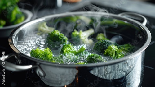 Broccoli pieces in a stainless steel cooking pot with boiling water and steam on a black cooktop preparing a healthy vegetable meal copy space selected focus narrow depth of field