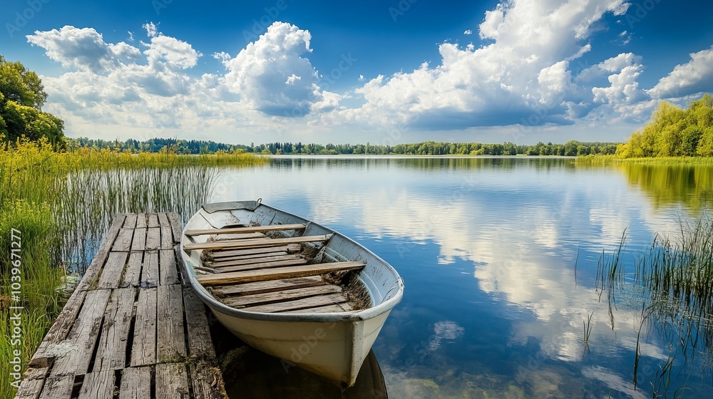 Serene lake landscape featuring a row boat and rustic wooden bridge under a stunning sky, inviting place for relaxation with calm waters and fresh natural surroundings, perfect for rest and rejuvenati Serene lake landscape featuring a row boat and rustic wooden bridge under a stunning sky, inviting place for relaxation with calm waters and fresh natural surroundings, perfect for rest and rejuvenati