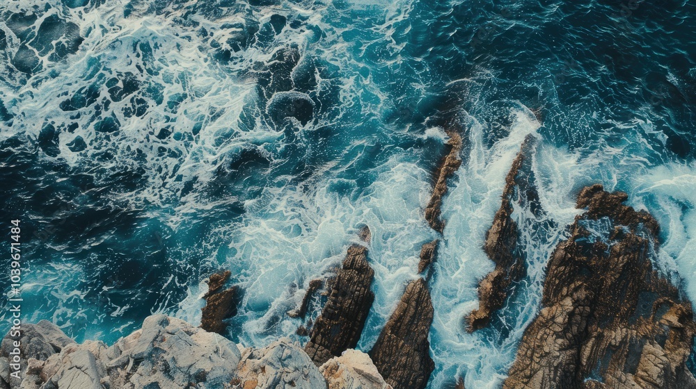 Obraz premium Ocean waves rolling to the rocky shore Beautiful seascape Aerial top view of the beautiful ocean rocky shore with rolling waves Drone is hovering over rolling ocean waves to rocky shore