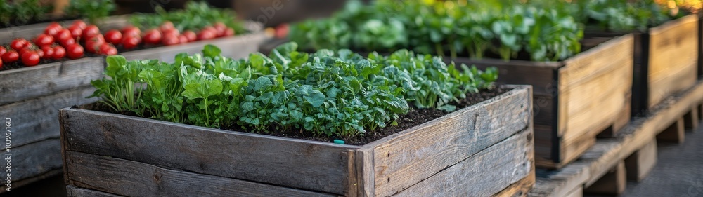 Fresh herbs and vegetables in wooden crates, showcasing vibrant colors and healthy produce, perfect for garden or culinary themes. Fresh herbs and vegetables in wooden crates, showcasing vibrant colors and healthy produce, perfect for garden or culinary themes.