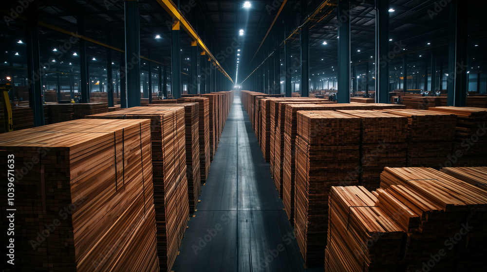 A panoramic view of a factory floor lined with towering stacks of pine wood planks, organized with laser precision, as industrial robots handle the raw materials effortlessly. A panoramic view of a factory floor lined with towering stacks of pine wood planks, organized with laser precision, as industrial robots handle the raw materials effortlessly.