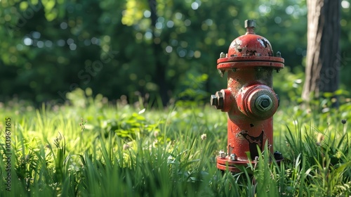 Metal fire hydrant colred in red with fresh green meadow in a public park photo