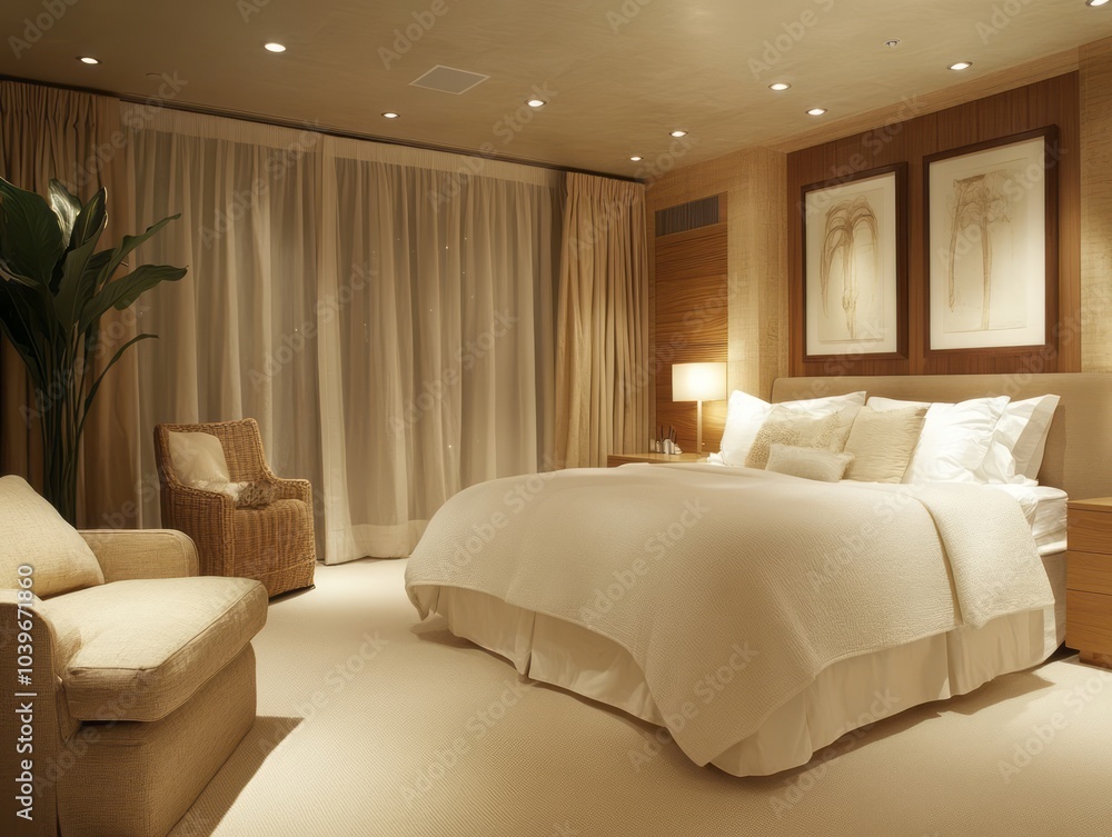 Guest bedroom basement with soft lighting, neutral tones, and comfortable furnishings to provide a peaceful retreat for visitors Guest bedroom basement with soft lighting, neutral tones, and comfortable furnishings to provide a peaceful retreat for visitors